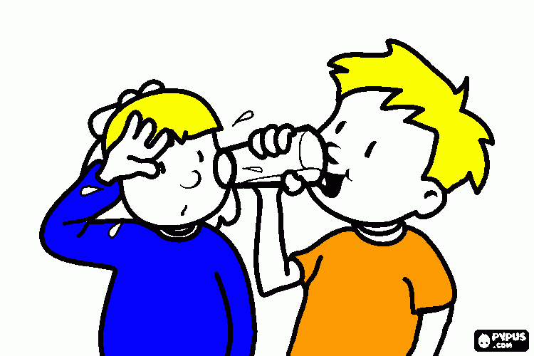 2 children drinking water coloring page