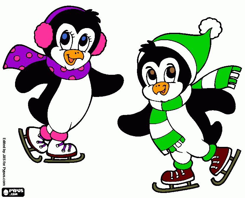 2 penguins skating coloring page