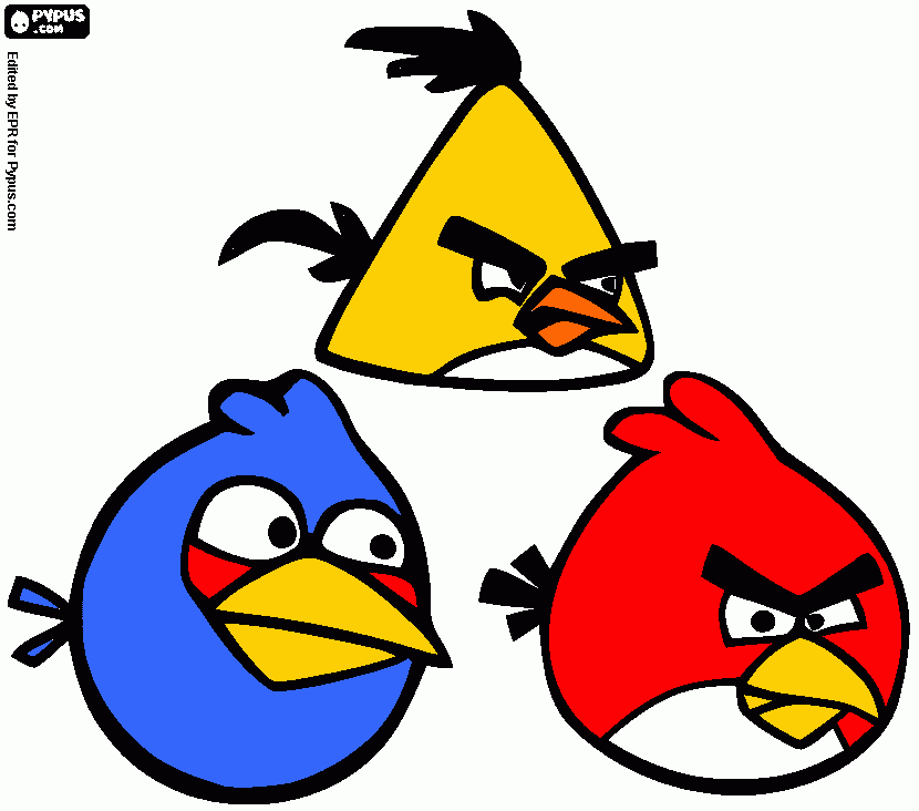 angrybird yellow, blue and red coloring page