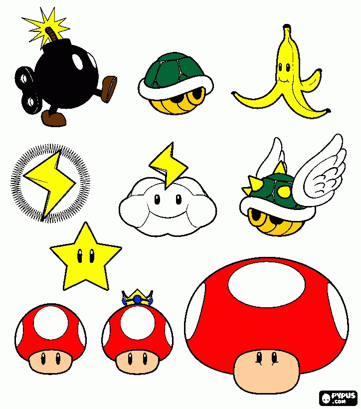 bomb,shell,banana peel,lighning bult,cloud,flying shell,star, small mushroom, medium mushroom, and big mushroom coloring page