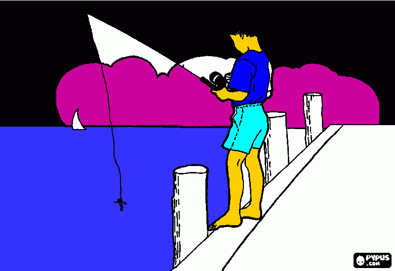 Boy fishing as colored by David coloring page