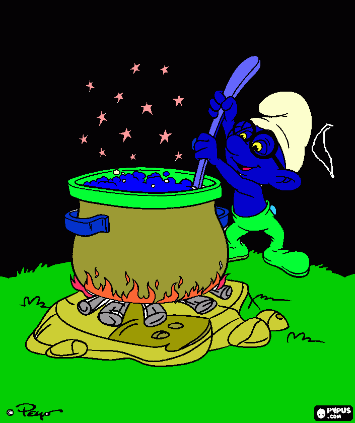 brainy smurf makes a potion coloring page