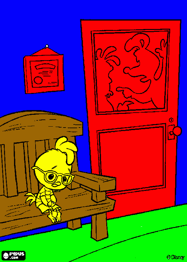 Chicken Little sitting on the bench next to the Office  coloring page