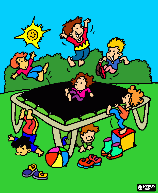 children jumping on the trampoline coloring page