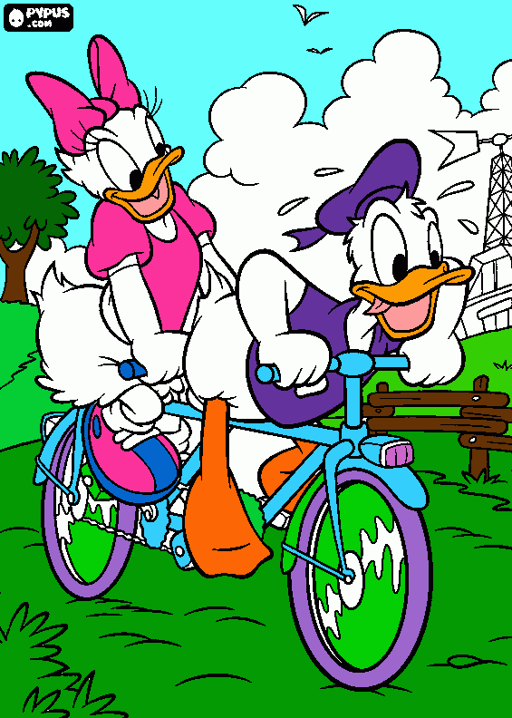 DAISY DUCK RIDING ON DONALD BIKE coloring page