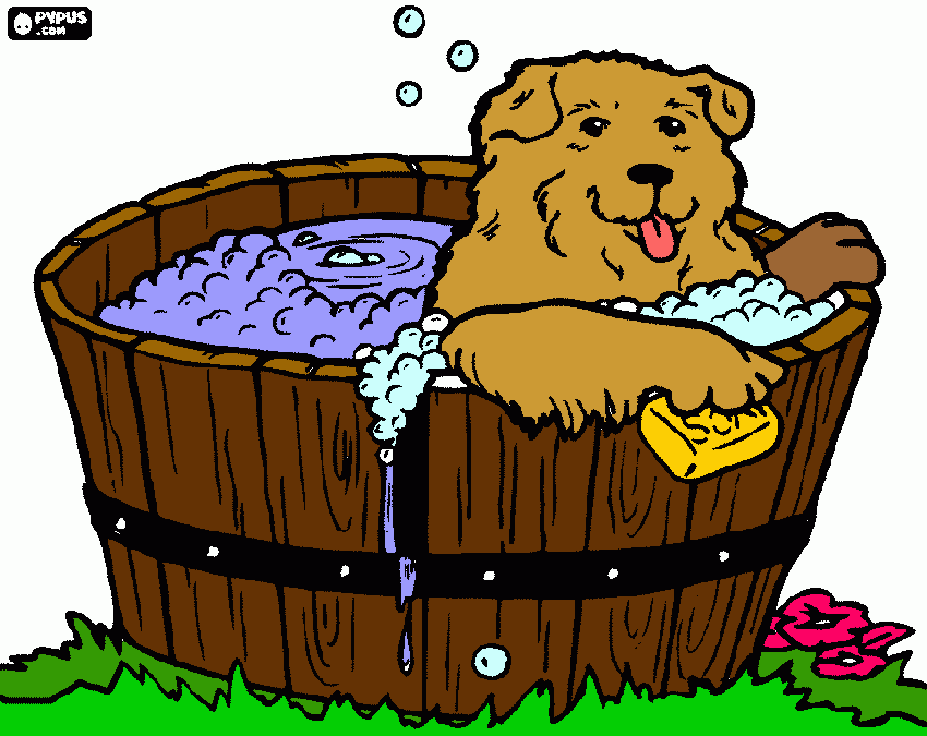 dog taking a bath coloring page