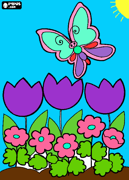 flower garden with butterfly picture coloring page