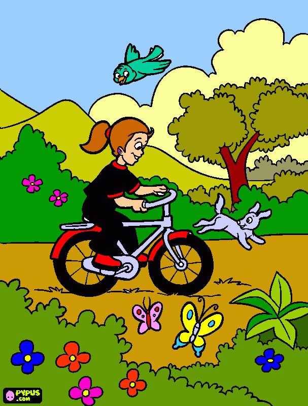 girl riding a bicycle on a Spring day coloring page