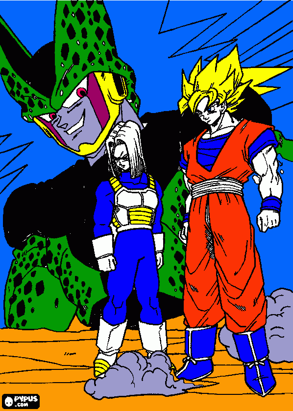 goku and trunks vs perfect cell coloring page