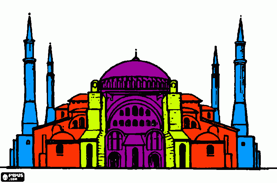 Great medieval mosque with minarets and domes  coloring page