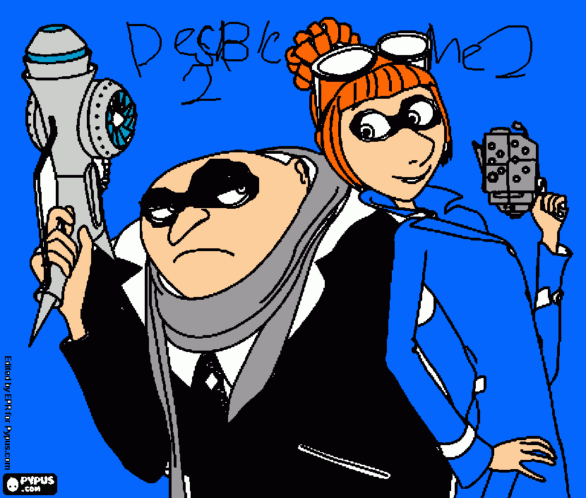 Gru and Lucy with lab wepons to defeat Emacho and save the minons coloring page