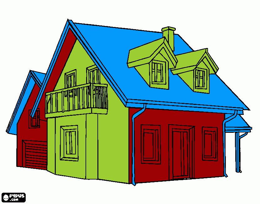 House ground floor and second floor with windows and balcony. coloring page