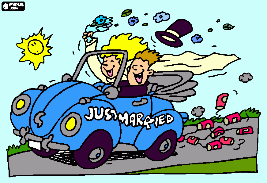 just married off in a car coloring page