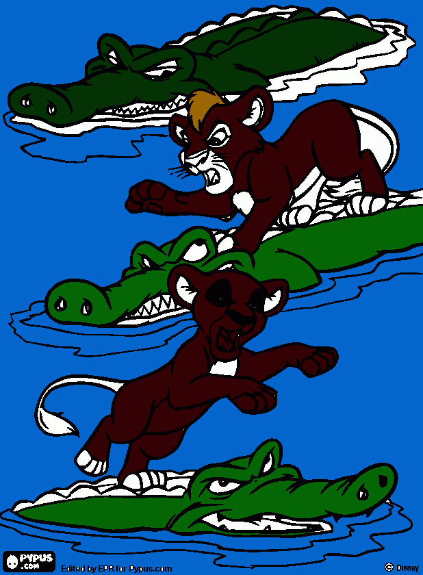 lion cubs jumping over crocodiles coloring page