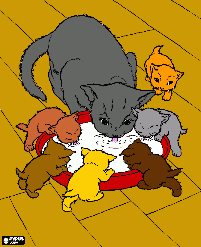 Mom and Kittens Drinking Milk coloring page