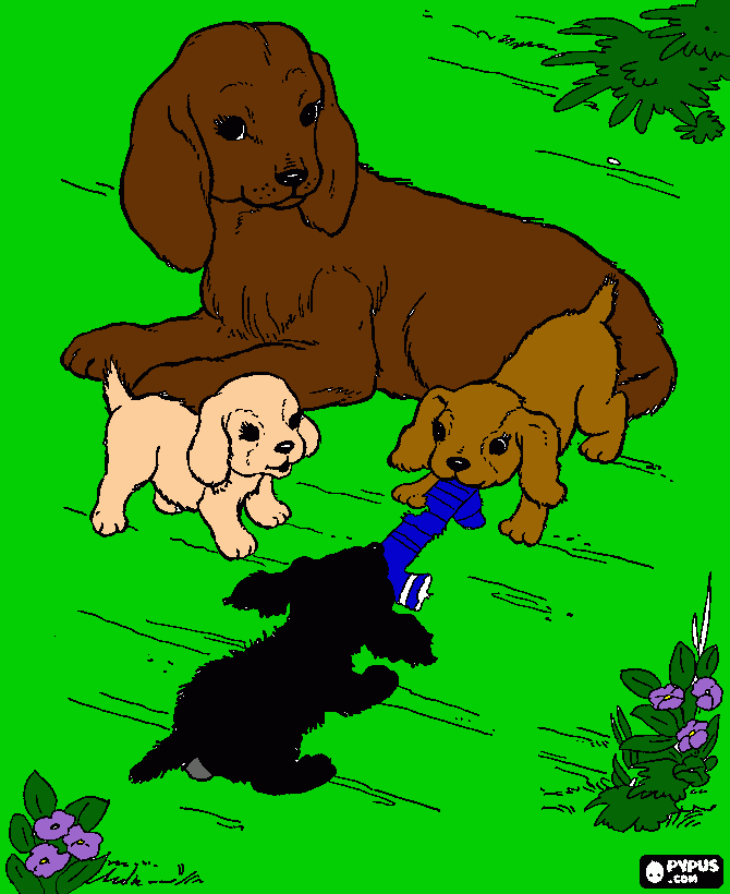 Mom, Rue, Toby, and puppy coloring page