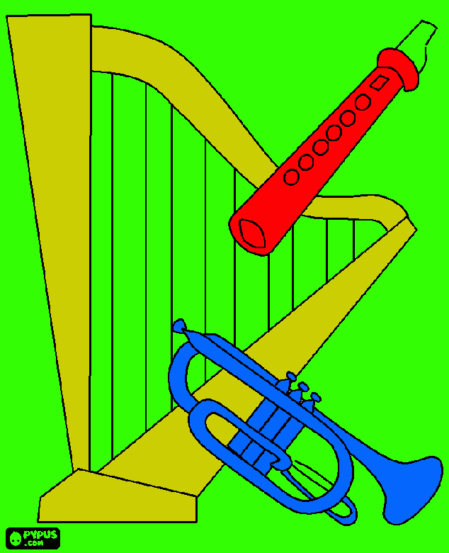 Musical instruments: a harp, a trumpet and a flute coloring page coloring page