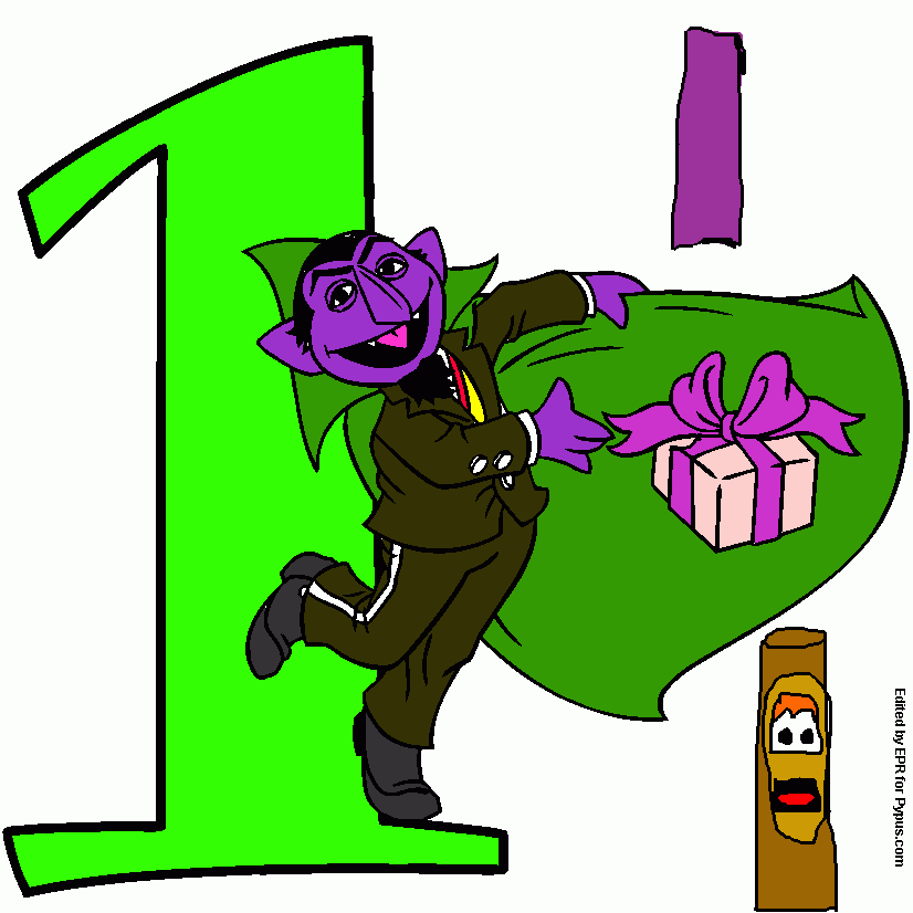 Number 1 and Count von Count with one gift coloring page