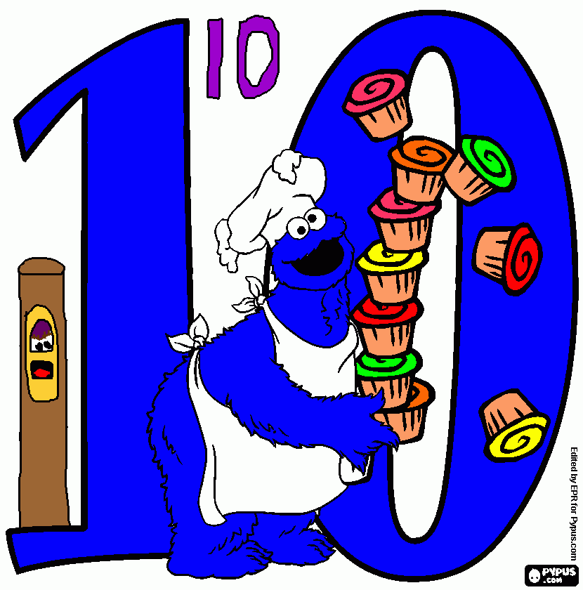 Number 10 and Cookie Monster with ten cupcakes coloring page