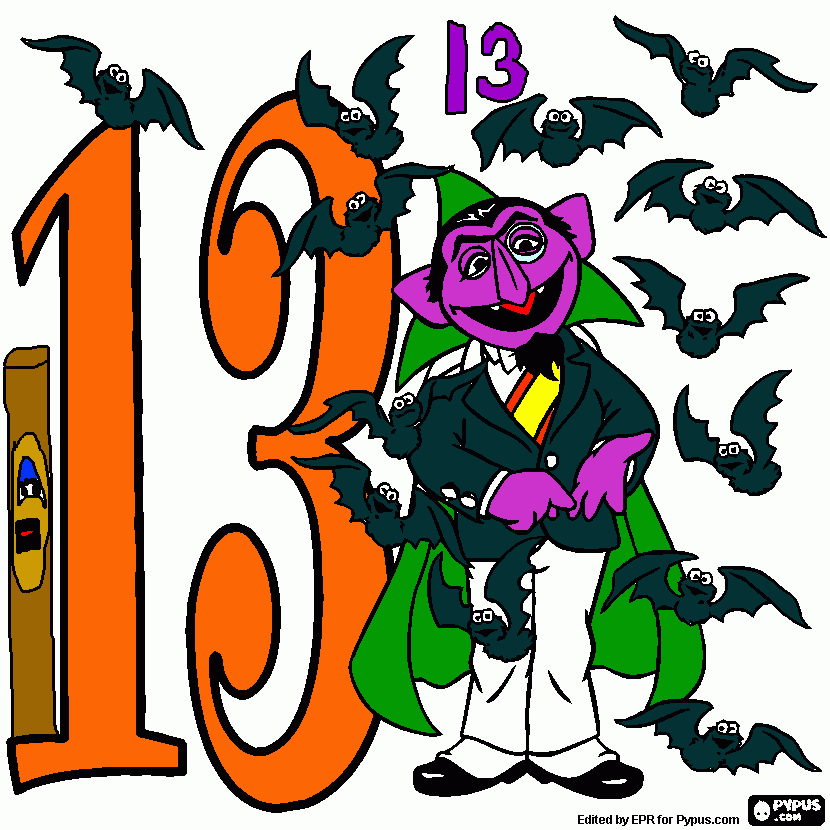 Number 13 and Count Von Count with thirteen bats coloring page