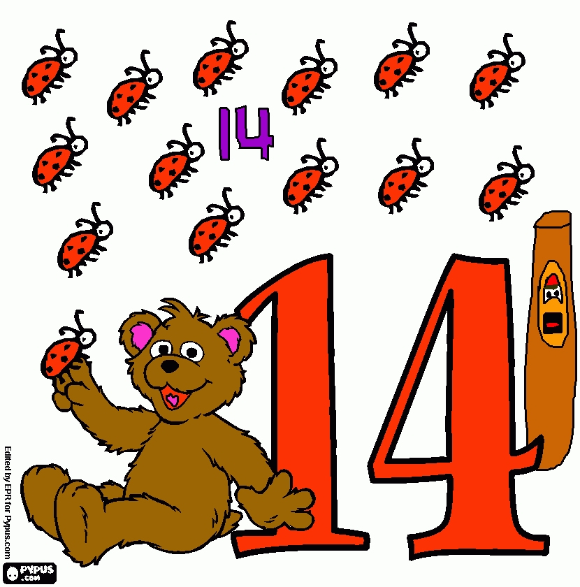 Number 14 and Baby Bear with fourteen ladybugs coloring page