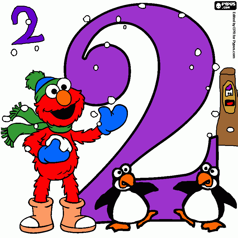 Number 2 and Elmo with two penguins coloring page