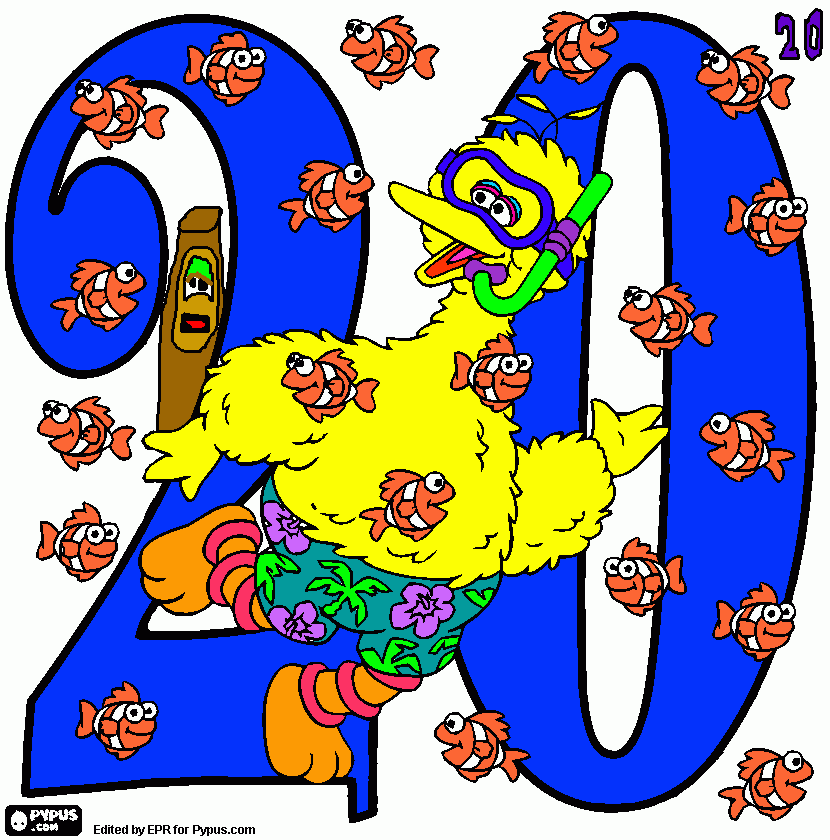 Number 20 and Big Bird with twenty fishes coloring page