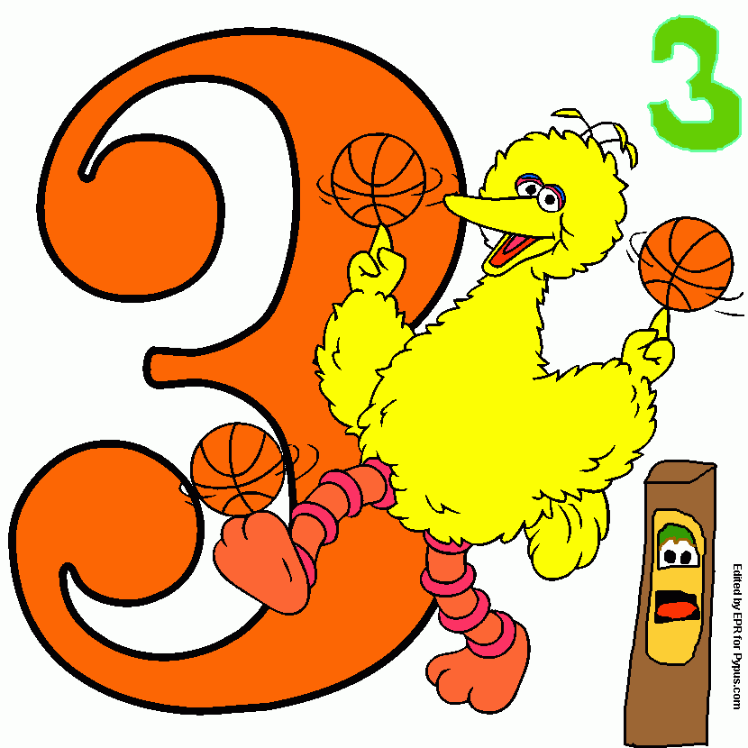 Number 3 and Big Bird with three basketballs coloring page