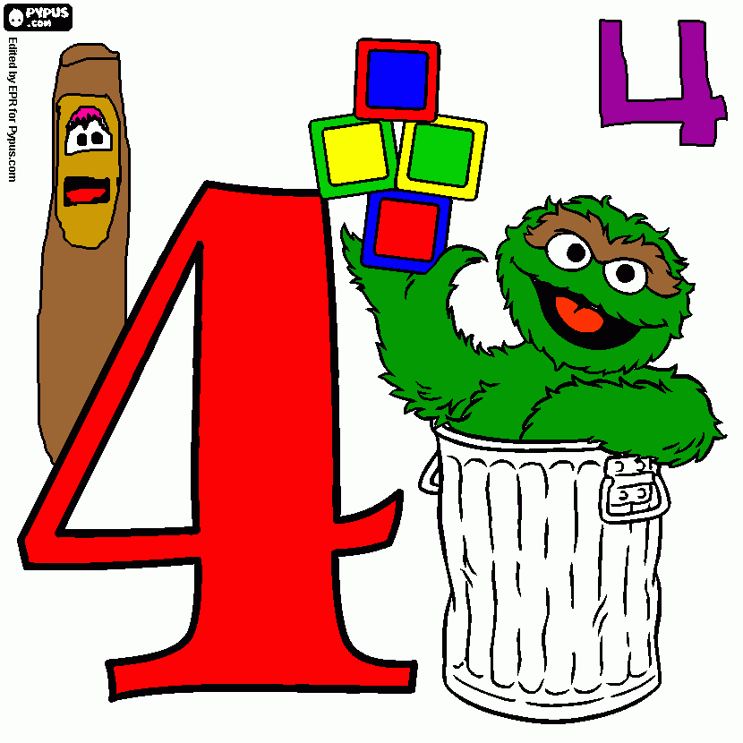 Number 4 and Oscar with four blocks coloring page