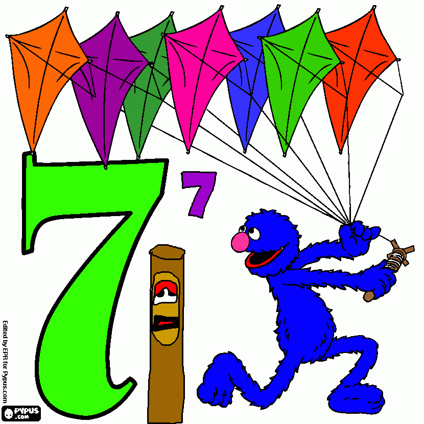 Number 7 and Grover with seven kites coloring page