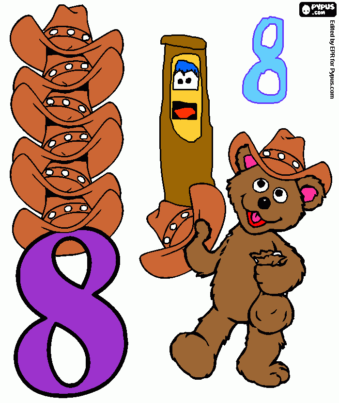 Number 8 and Baby Bear with eight cowboy hats coloring page