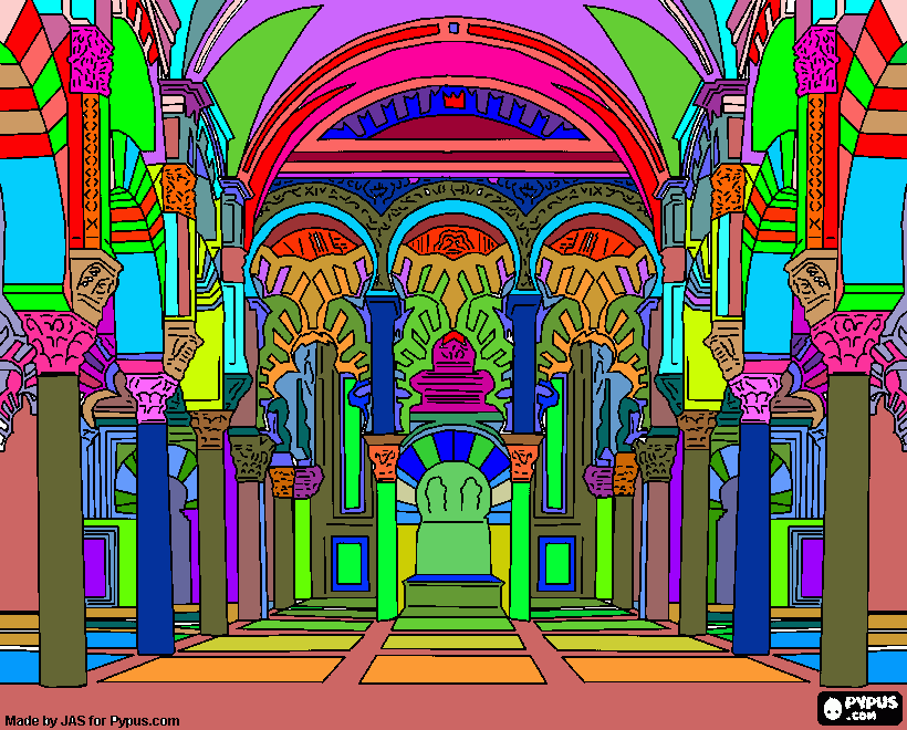 Old Mosque of Cordoba, the current cathedral, marble columns and arches with the holy place, the Mihrab coloring  coloring page