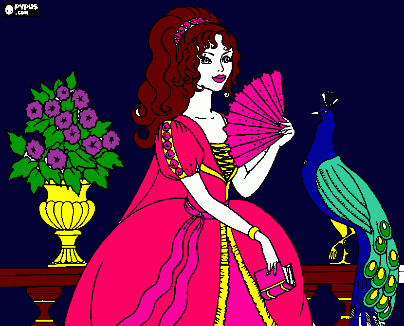 pink princess with peacock around midnight. coloring page