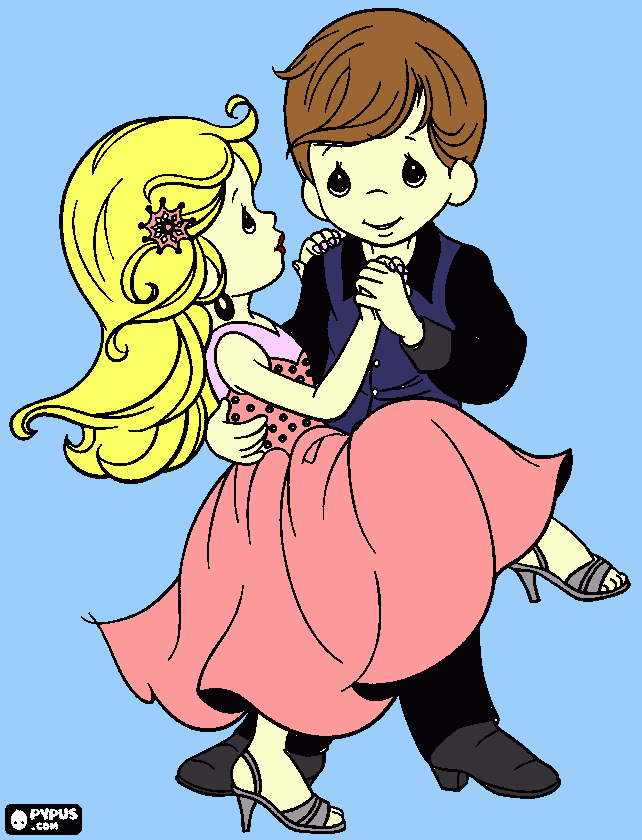 precious moments; boy and girl dancing coloring page