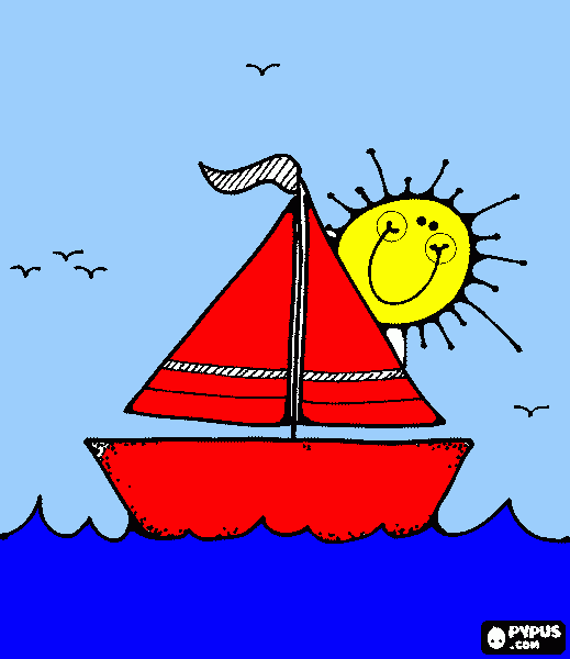 Red Boat -- Yellow Sun -- Blue Sky coloring page