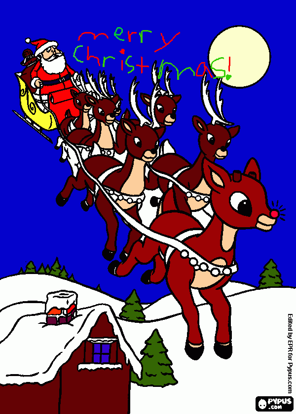 Santa and his reindeer with Rudolph guiding the way on Christmas Eve coloring page