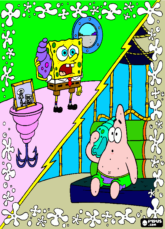 SpongeBob and Patrick communications on their shellphones.  coloring page
