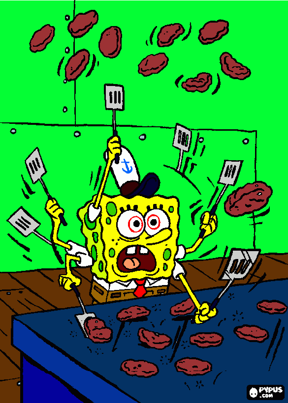 SpongeBob SquarePants overcooking too many krabby patties! coloring page
