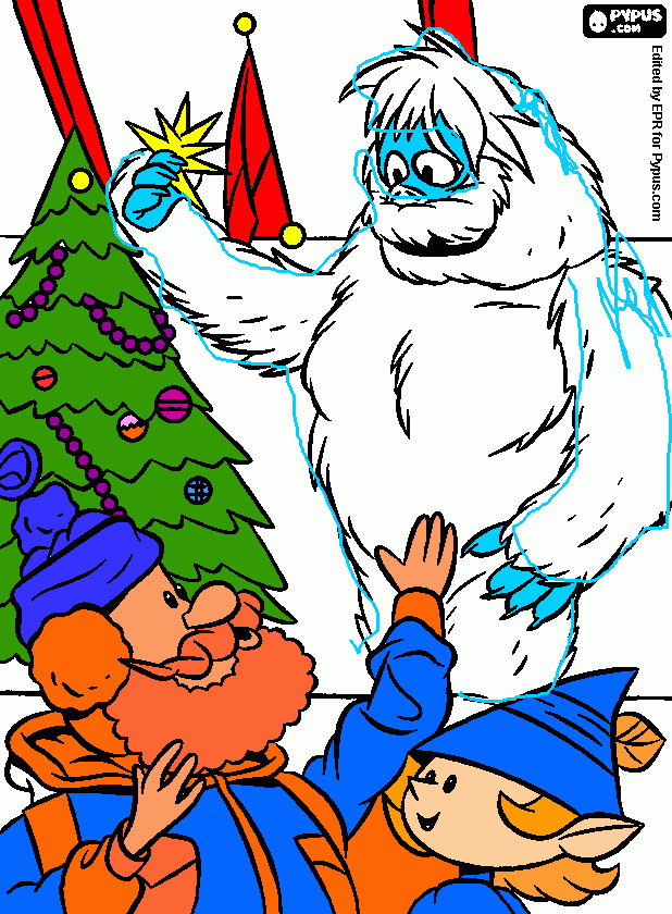 The Abominable Snow Monster Placing Star on Top of Christmas Tree coloring page