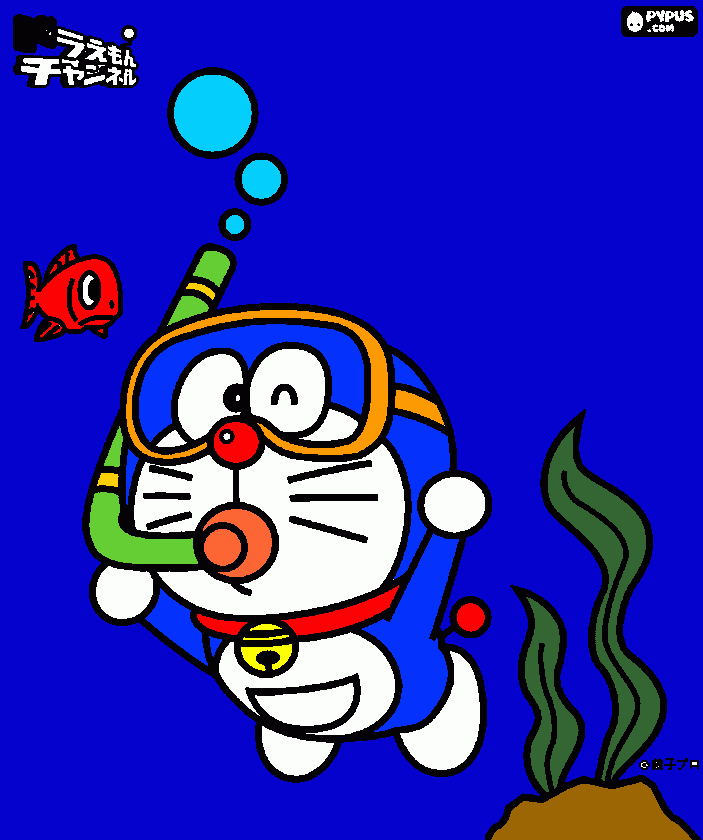 the cosmic cat doremon doing scuba diving coloring page