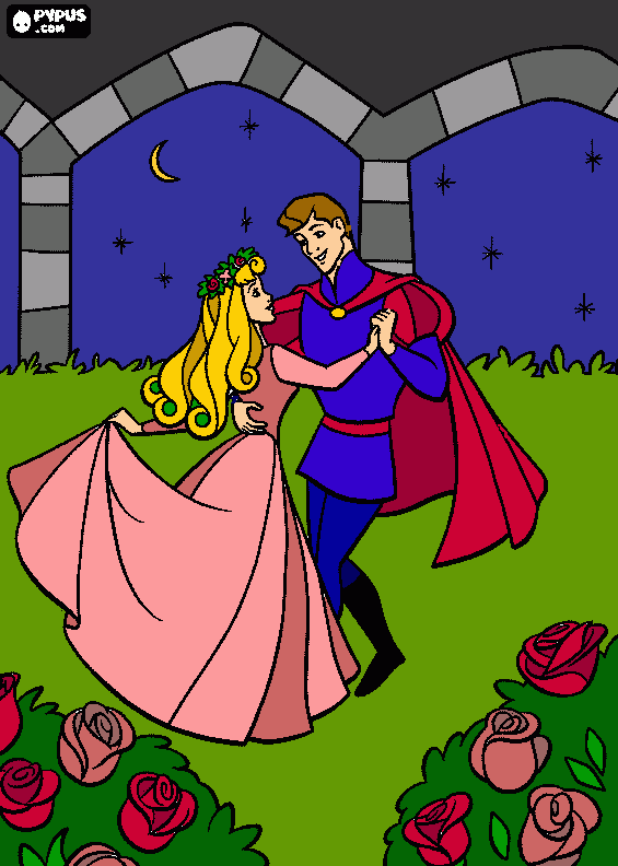 The Prince Dances -w- Princess in the Garden at Night coloring page