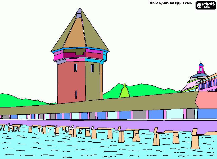 The wooden and covered bridge Kapellbrücke (the Chapel Bridge) and the tower Wasserturm in Lucerne, Switzerland coloring page coloring page