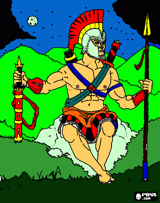 this is ares, the god of war, sitting on a rock, in the mountains, weilding his weapons coloring page