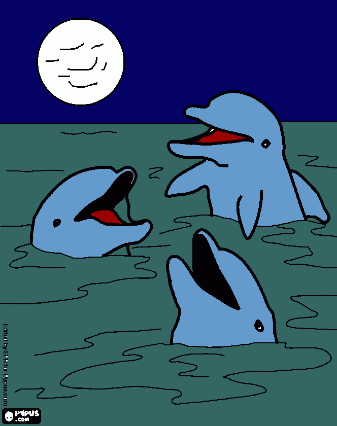 Three Dolphins In The Moonlight coloring page