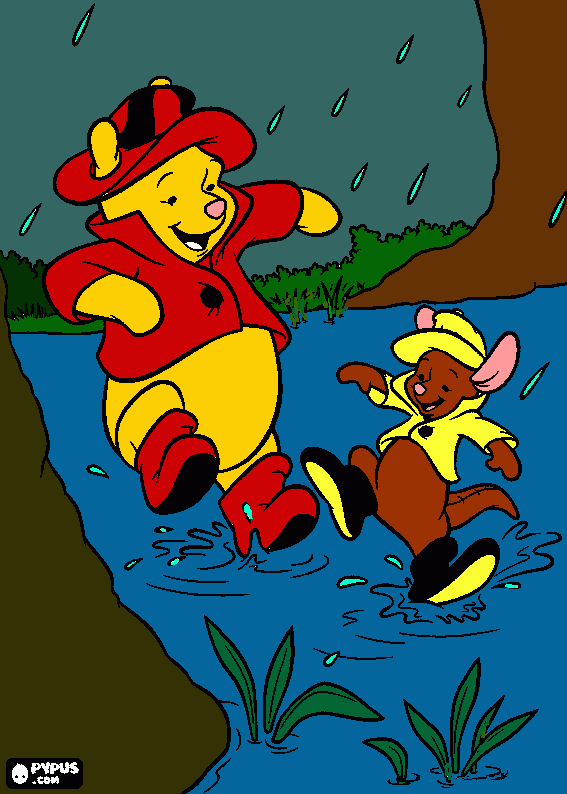 Winnie the Pooh and Baby Roo playing in the rain coloring page