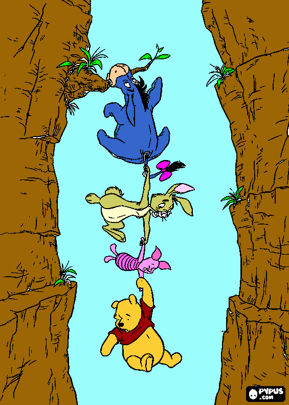 Winnie the Pooh, Eeyore, Rabbit and Piglet in danger, hanging from a branch into a ravine  coloring page