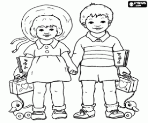 A boy and a girl, each with a book, a small suitcase and a toy duck coloring page