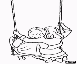 A boy and a girl embraced in a swing, seen behind coloring page