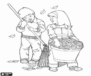 A boy and a girl picking fallen leaves in autumn with a rake and a bucket coloring page