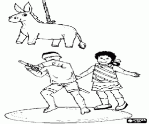 A boy and a girl trying to hit a container with a donkey form with a stick and blindfolded to release candy inside coloring page